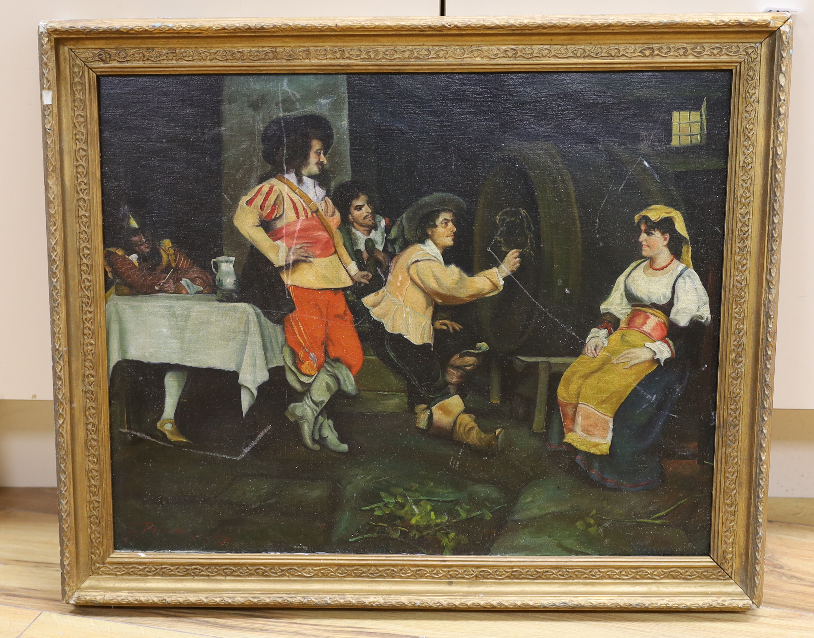 Oil on board, Tavern scene with cavaliers, 42 x 54cm
